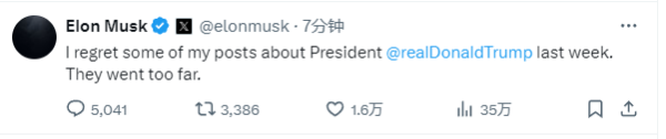 中国一线配资网 马斯克深夜反悔：不该对特朗普说那么过分的话